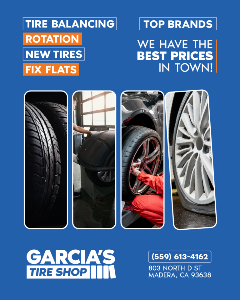 Garcia’s Tire Shop flyer advertising tire balancing, rotation, new tires, flat repair, and top brands.