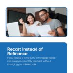 Carousel frame explaining how a mortgage recast can lower monthly payments without changing the interest rate.
