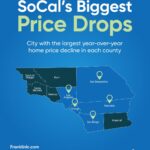 Map summarizing Southern California cities with the largest year-over-year home price declines.