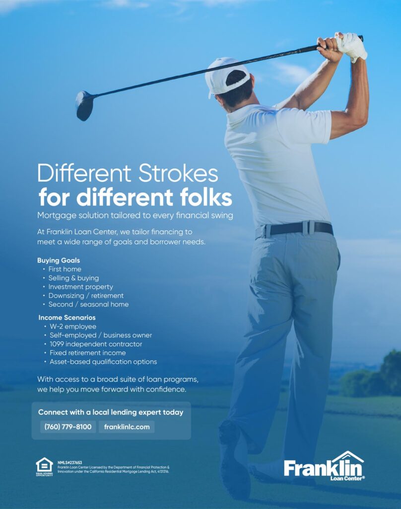 Golf-themed Franklin Loan Center print ad promoting mortgage solutions for different financial needs.