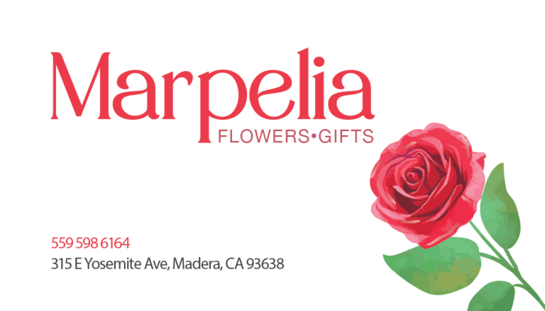 Business card for Marpelia Flowers & Gifts with a red rose illustration and Madera contact information.