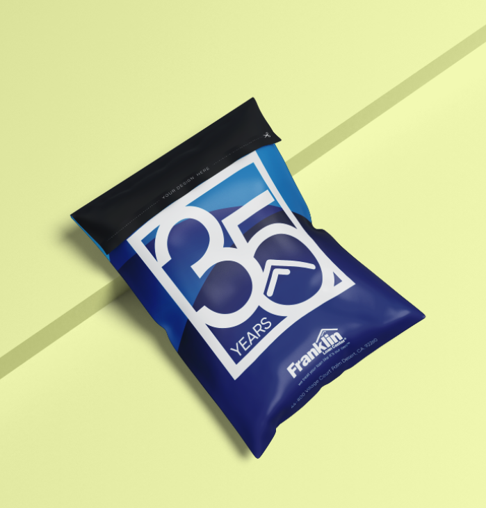 Mockup of a snack bag featuring Franklin Loan Center 35th anniversary branding.
