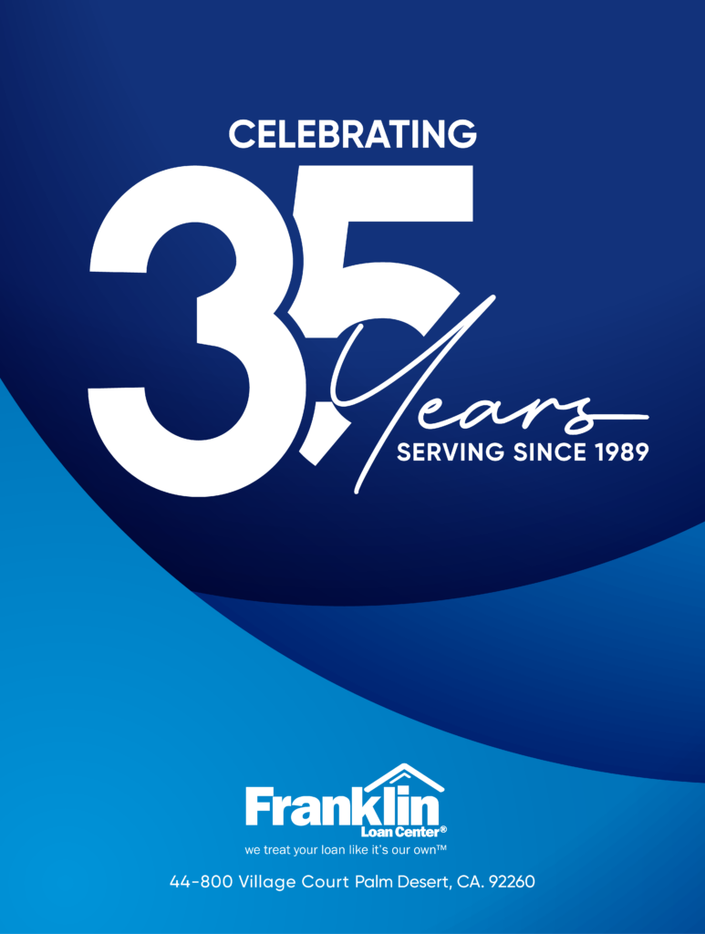 Blue Franklin Loan Center mailer celebrating 35 years of service since 1989.