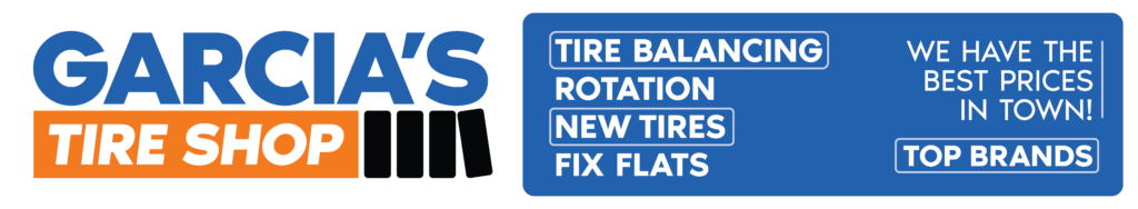 Wide storefront sign design for Garcia’s Tire Shop listing tire services and top brands.