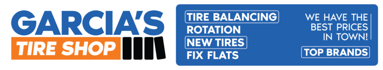 Wide storefront sign design for Garcia’s Tire Shop listing tire services and top brands.