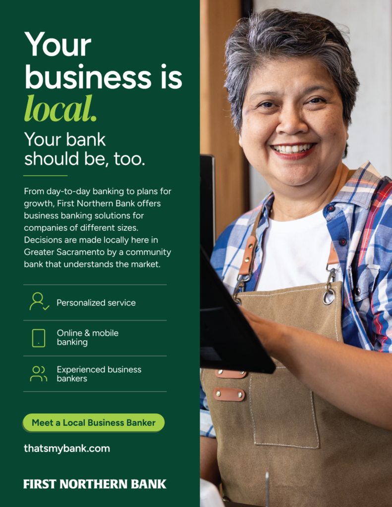 First Northern Bank print ad featuring a local small-business owner and the message “Your business is local. Your bank should be, too.”