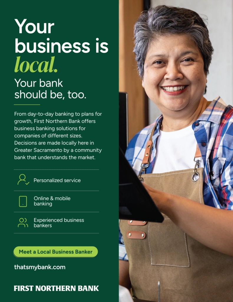First Northern Bank print ad featuring a local small-business owner and the message “Your business is local. Your bank should be, too.”
