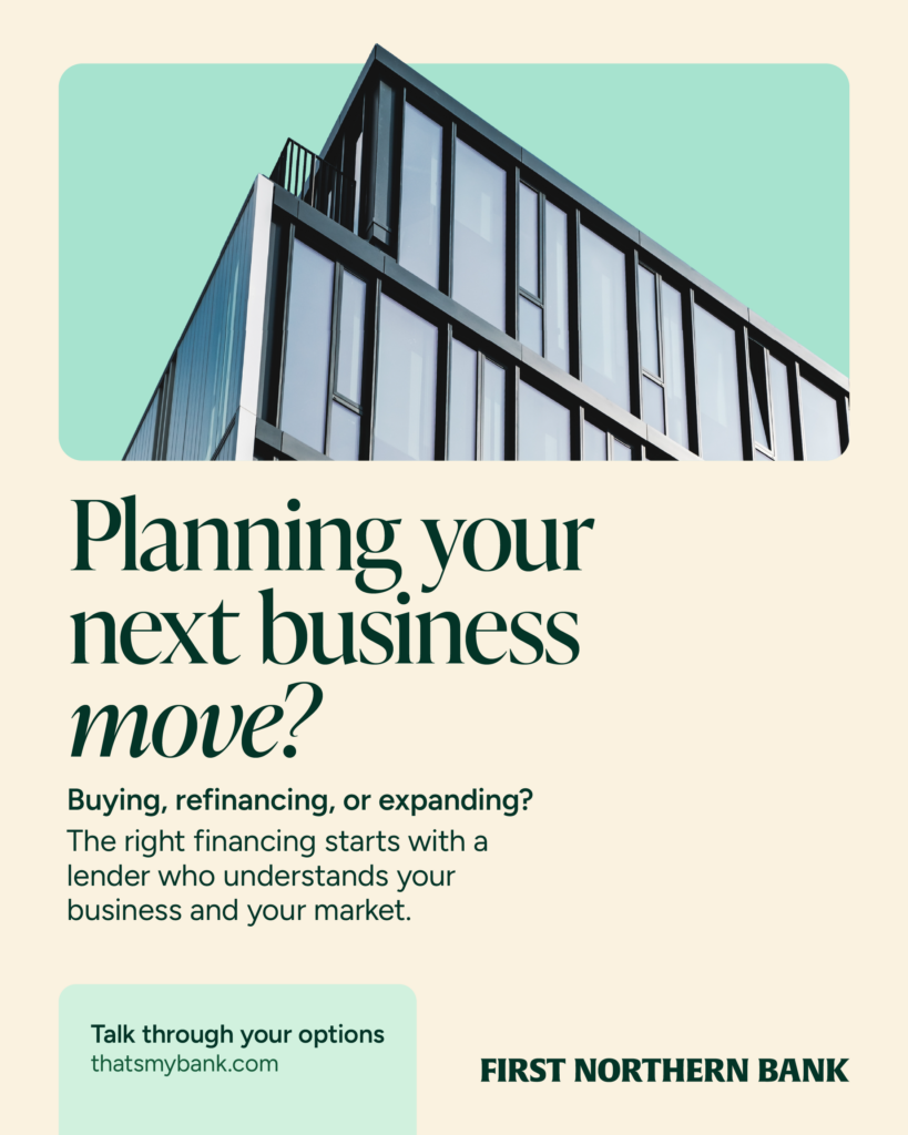 First Northern Bank social post promoting financing for buying, refinancing, or expanding a business.
