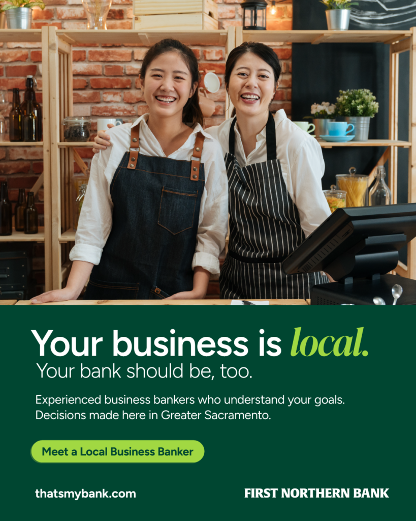 First Northern Bank LinkedIn ad featuring two restaurant owners and the message “Your business is local. Your bank should be, too.”