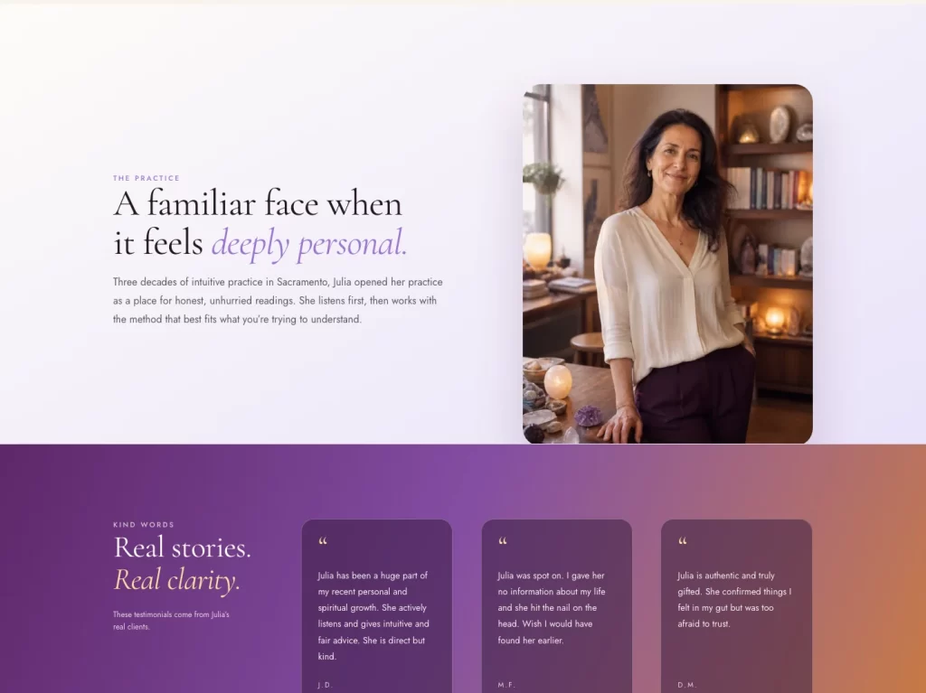 Two stacked sections of the website: an About panel with Julia's photo and bio, and a Reviews panel with three client testimonial cards.