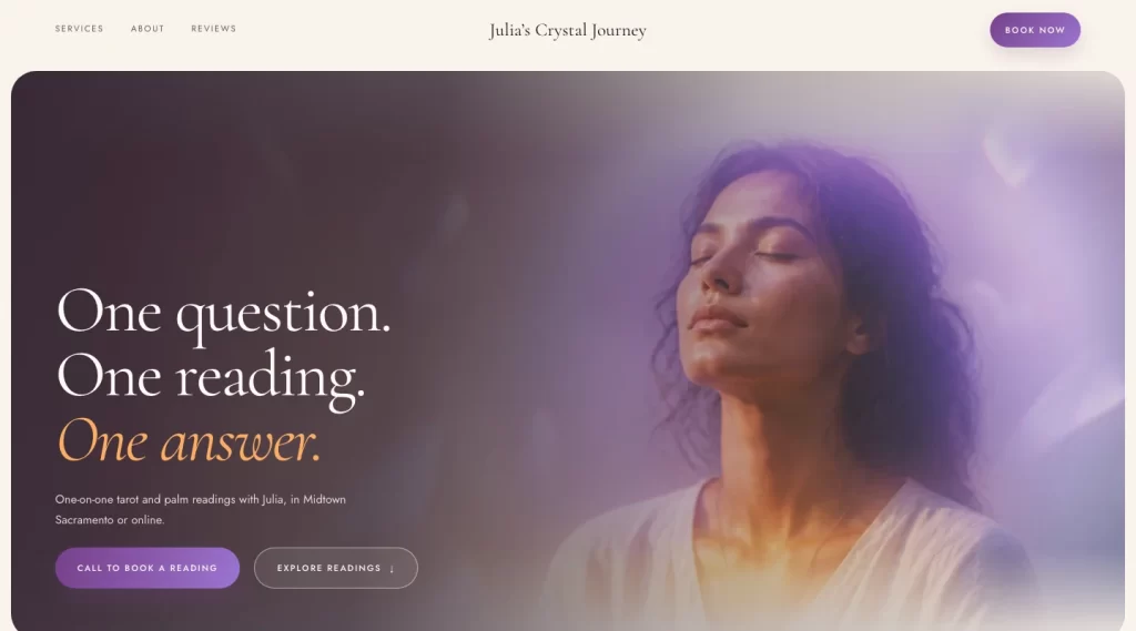 Desktop homepage of the Julia's Crystal Journey website with a violet-lit portrait, the headline 'One question. One reading. One answer.', and Call to Book a Reading button.