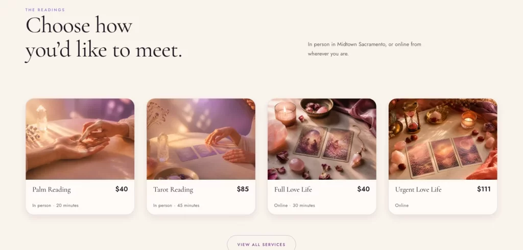 Four reading service cards on the website, each showing the reading name, in-person or online format, duration, and price.