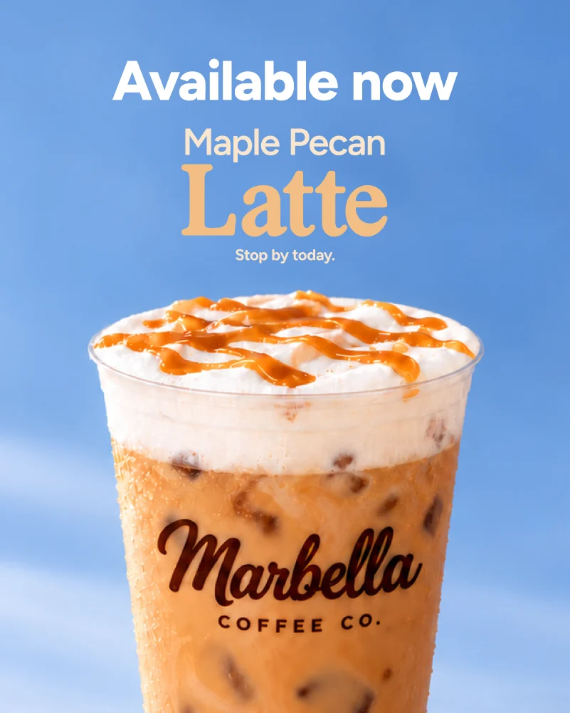 Marbella Coffee Co. Instagram post, weaker teaching version: Available now is oversized, Maple Pecan Latte is smaller and Stop by today is tiny.
