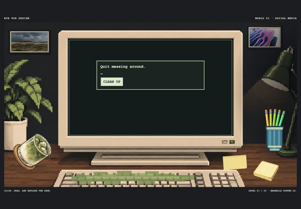 A matcha spill across the keyboard on the Eye for Design desk.