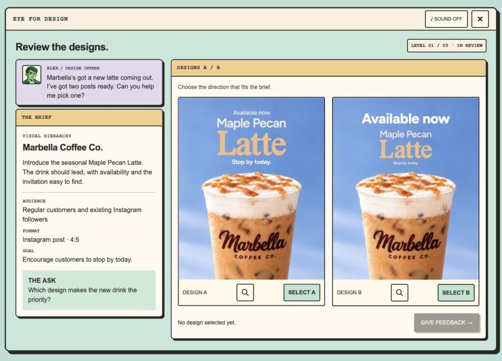Eye for Design game showing the Marbella brief and two design options.