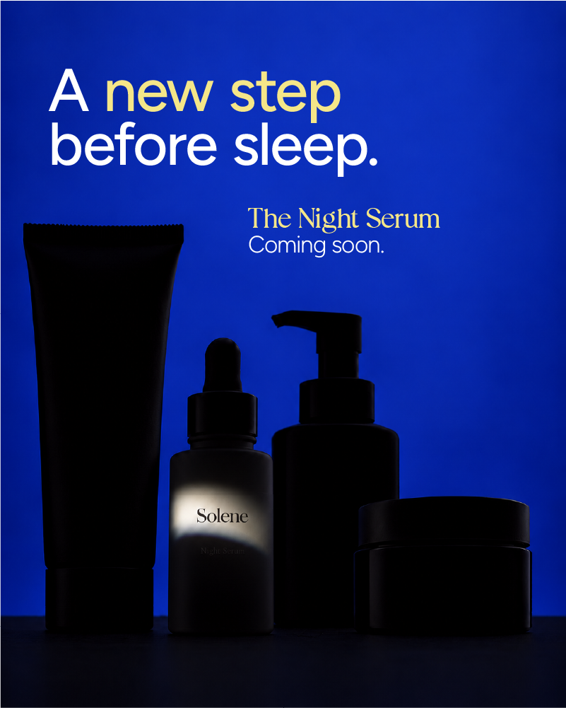 Solene Night Serum teaser showing the serum among products in a nightly skincare routine.