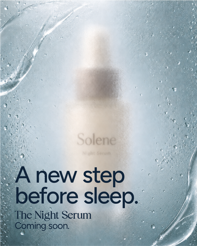 Solene Night Serum teaser with the bottle obscured by frosted glass.