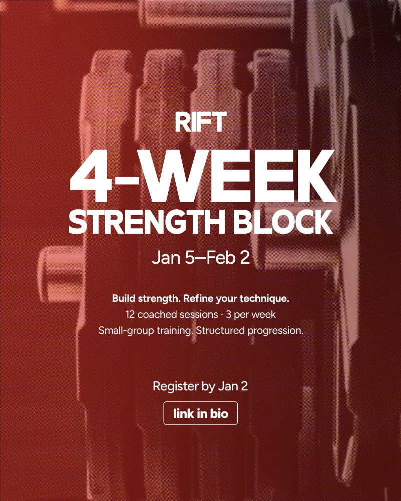 RIFT strength block Instagram post, stronger version: clear gaps separate the gym logo, program title, dates, benefits and registration line.