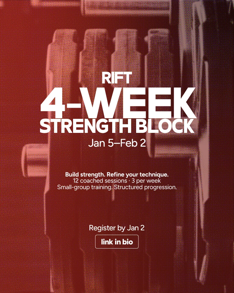 RIFT strength block Instagram post, weaker teaching version: the logo crowds the title and the supporting lines are tightly spaced.