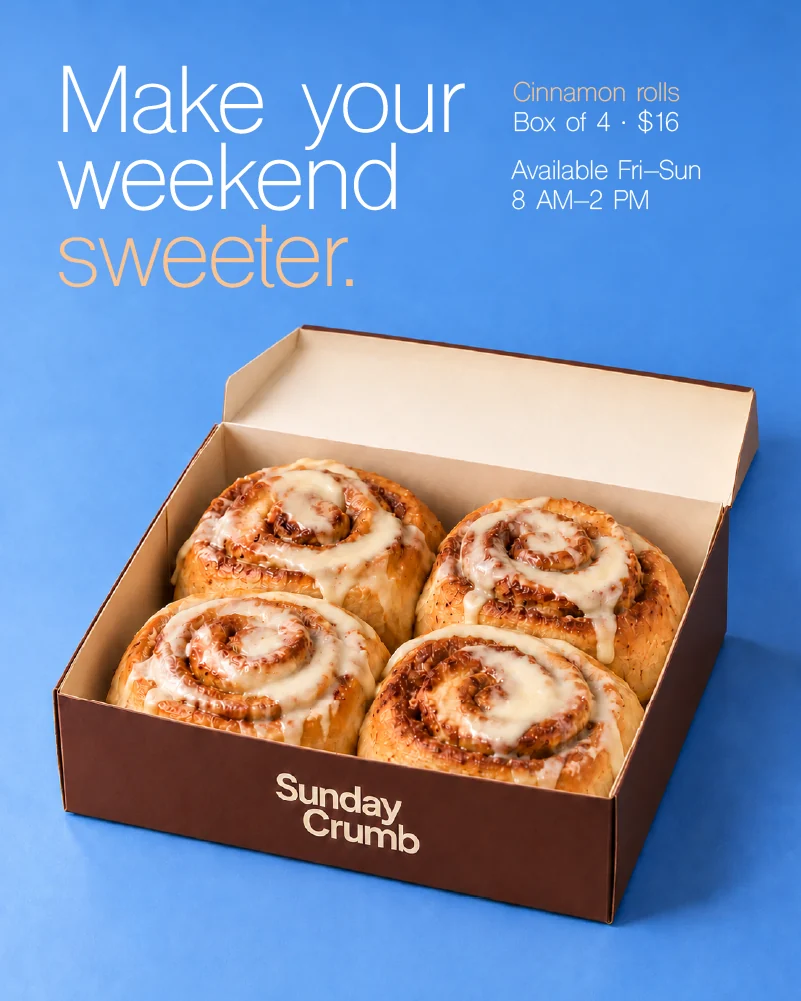 Sunday Crumb cinnamon roll Instagram post, alternative version: blue background with a boxed four-pack of cinnamon rolls and a lighter headline.