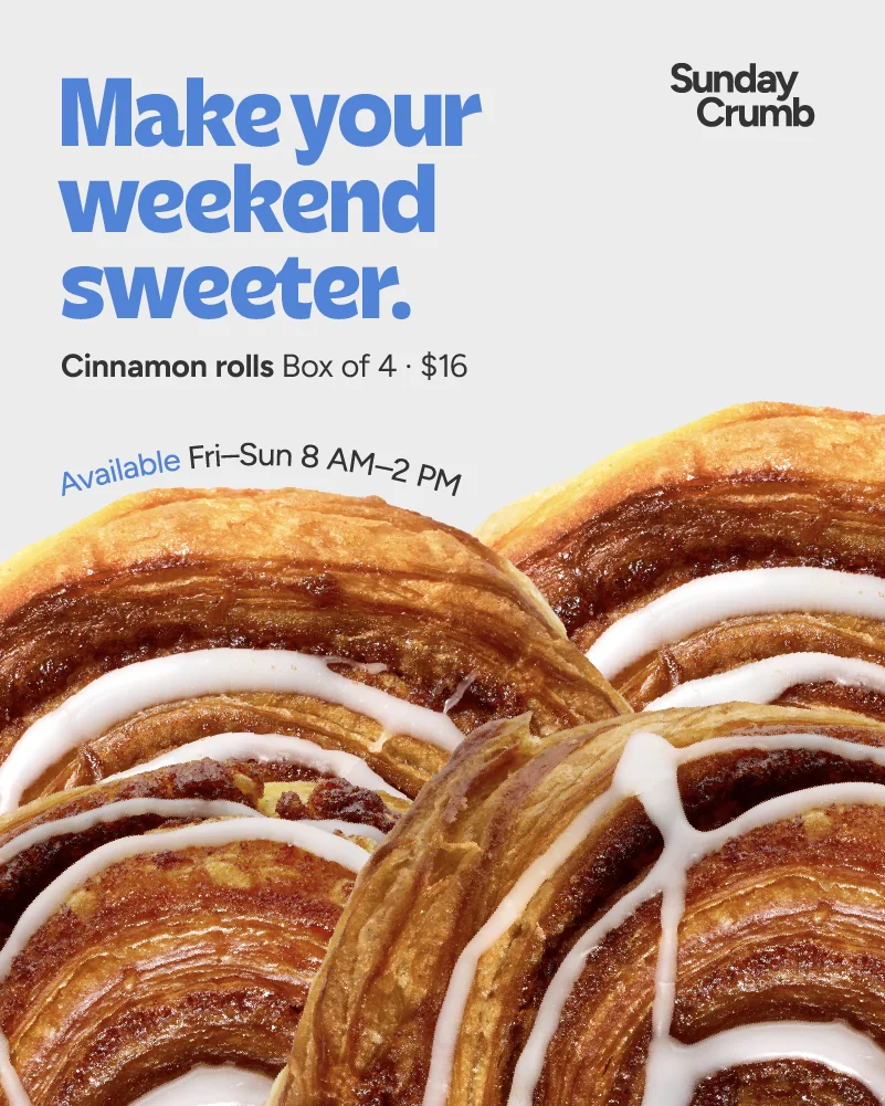 Sunday Crumb cinnamon roll Instagram post, preferred version: white close-up composition with a bold headline, product and price line, and a separate bakery wordmark.