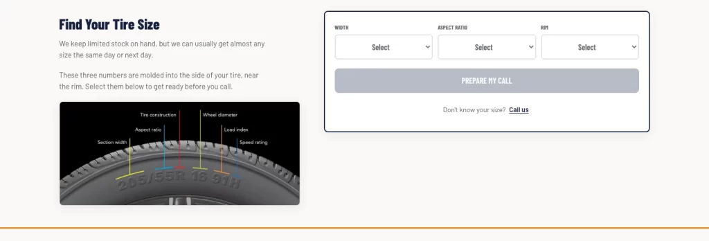 Tire-size finder on the Garcia's Tire Shop site with Width, Aspect Ratio and Rim dropdowns beside a labeled tire sidewall diagram.