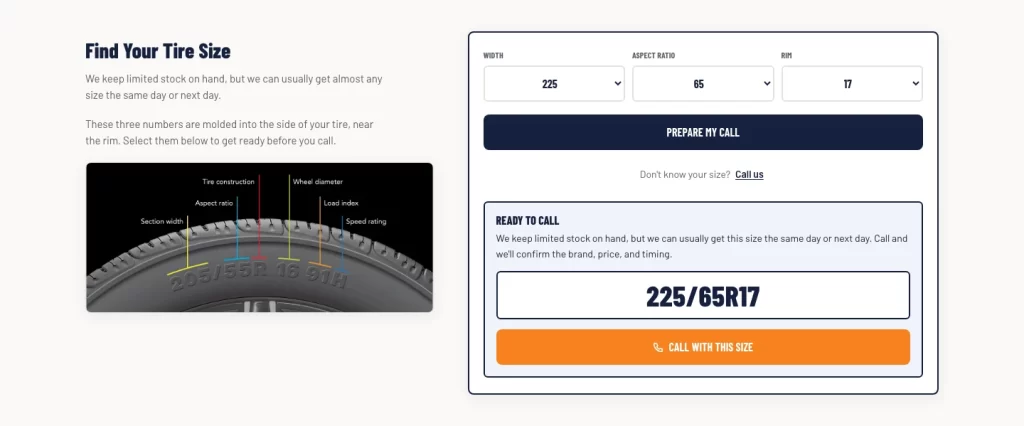 Completed tire-size finder showing 225/65R17 in a Ready to Call result with a Call With This Size button.