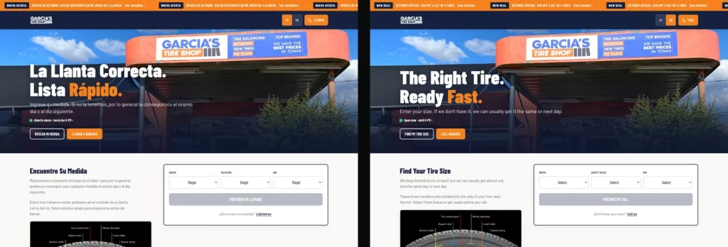 Spanish and English versions of the Garcia's Tire Shop homepage side by side, each with the promo banner and open-now status line in its own language.