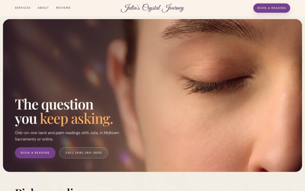 Julia's Crystal Journey desktop hero: a warm close-up of a woman with closed eyes, prism light flecks, and the headline The question you keep asking.